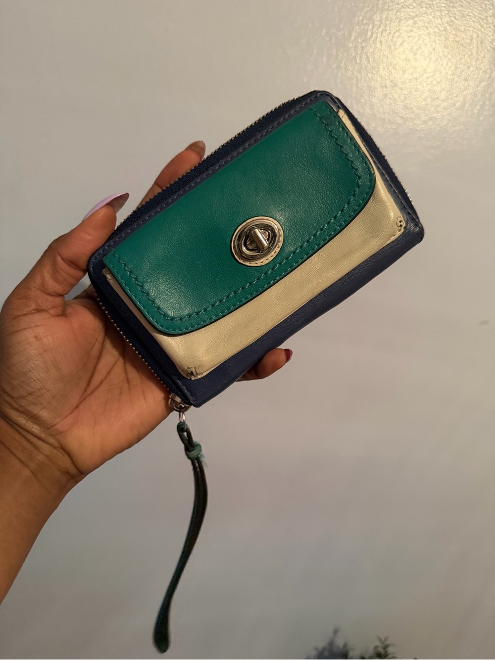 Coach Colorblock Leather Zip Wristlet Wallet in Teal, Navy & Cream - Picture 10 of 10